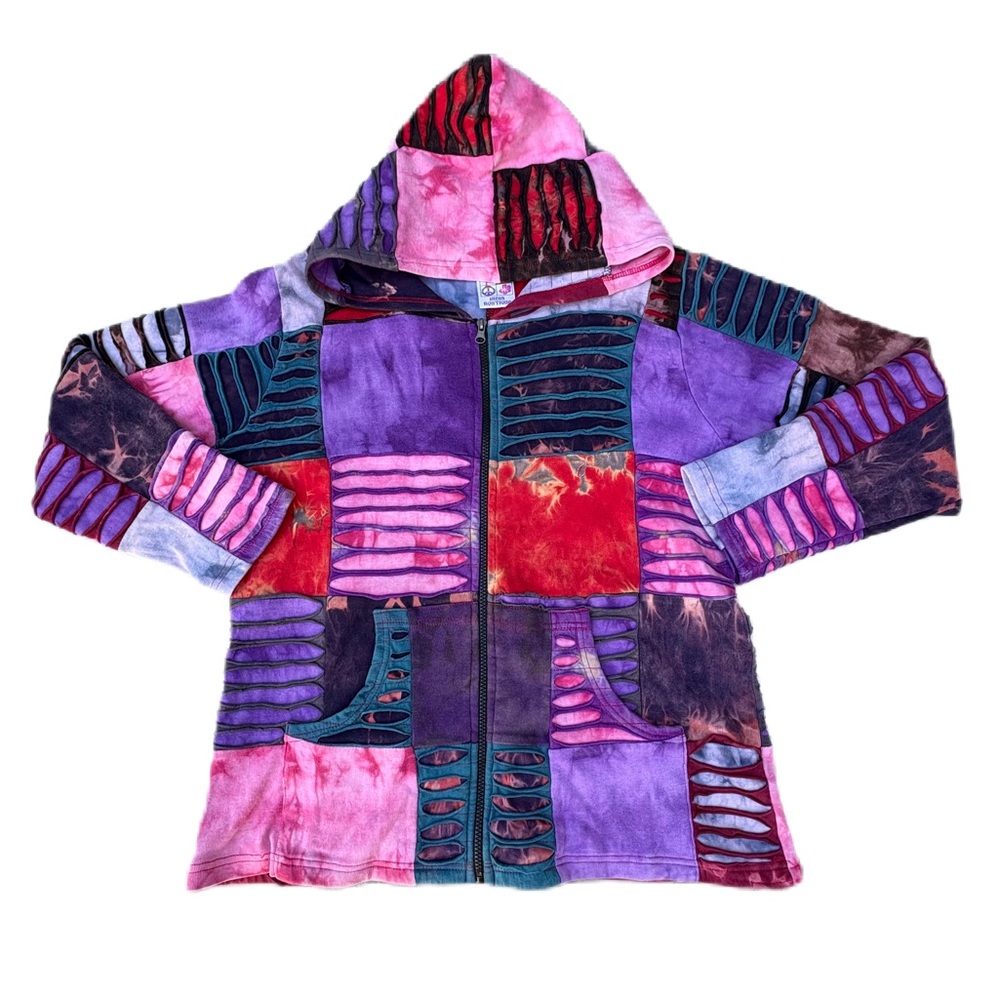 Vintage Patchwork Hippie Boho Colorful Purple Pink Zip Up Hoodie Sweater Jacket